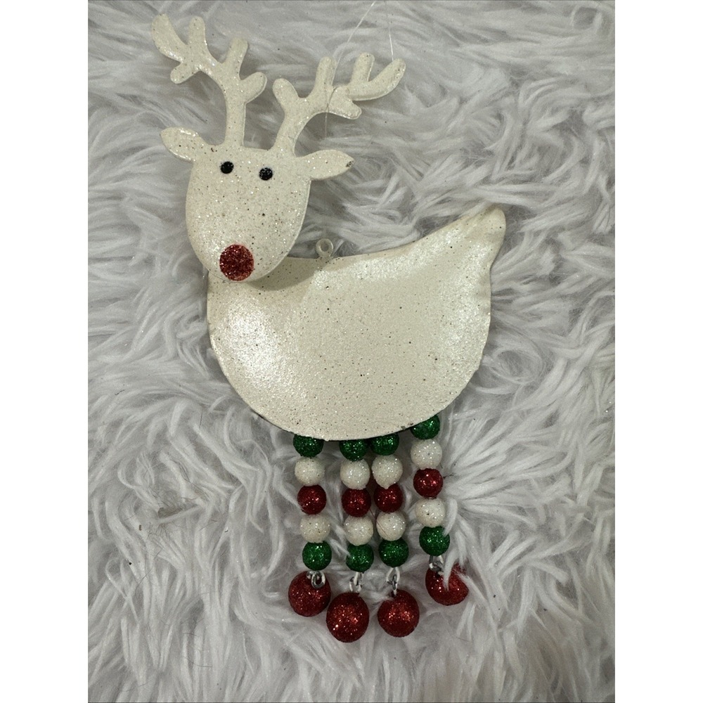 Vintage Pier‎ 1 White Glitter Reindeer Bobble Head Red And White Dangle Legs